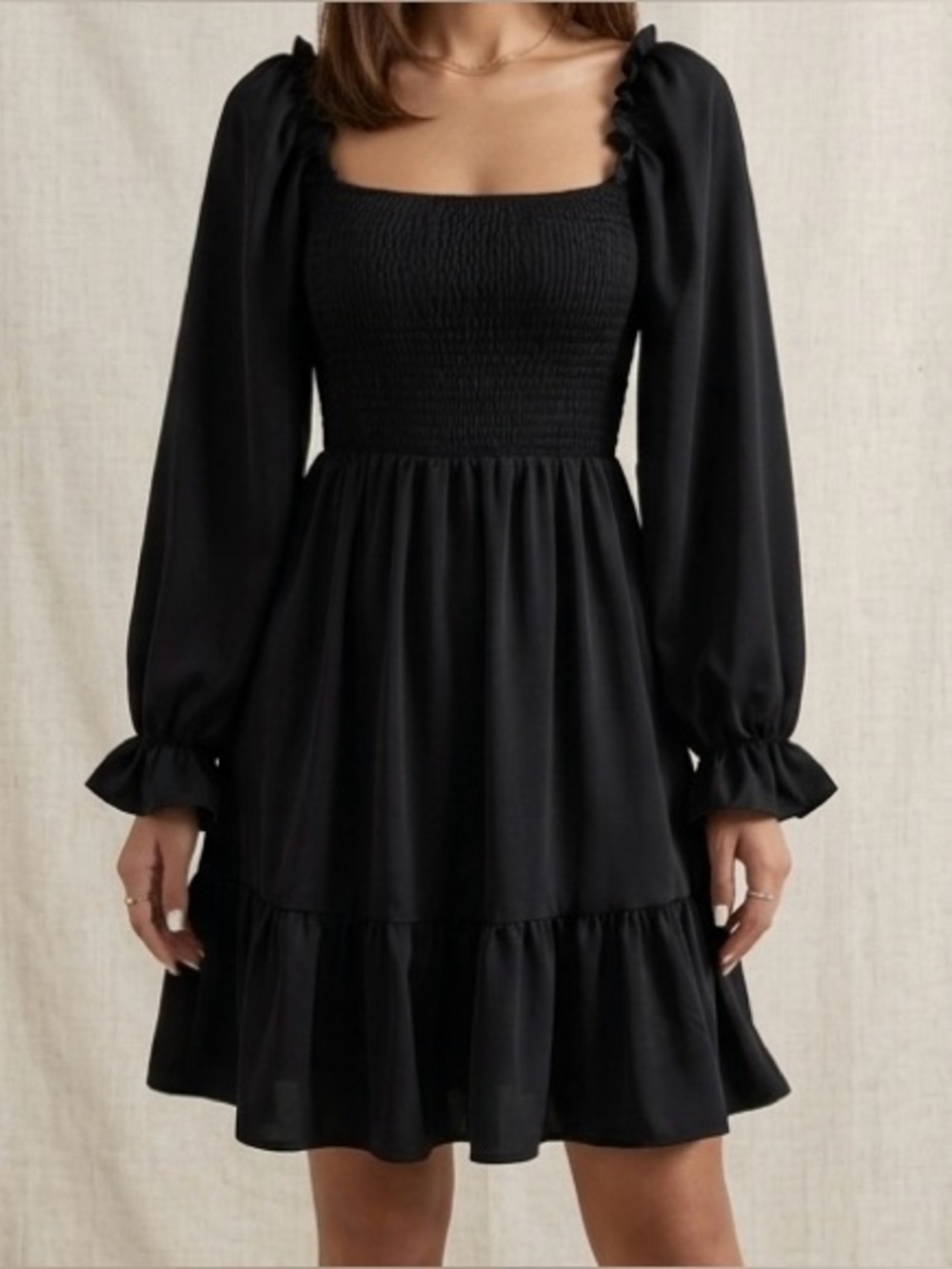 Black Smocked Bodice Square Neck Long Sleeve Mini Dress - Size S